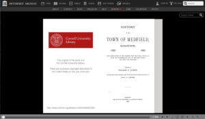 Cover of online History of the Town of Medfield, MA by Wm. S. Tilden