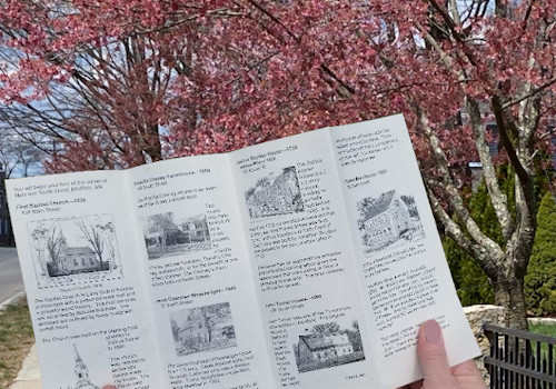 Brochure with flowering trees in background