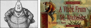 Cartoon of man with money bag for face and St. Nick going down a chimney