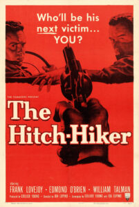 Red and black poster advertising the movie The Hitch-Hiker