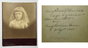 Sepia portrait of young girl on left with handwriting on back of photo on right