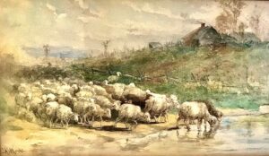 Painting of sheep in a stream
