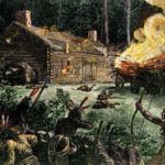 Log cabin at night surrounded by Native Americans attacking