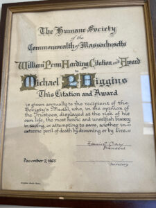 Higgins Humane Society award certificate