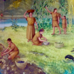 Native americans in grassy field near a river engaged in activities of gathering
