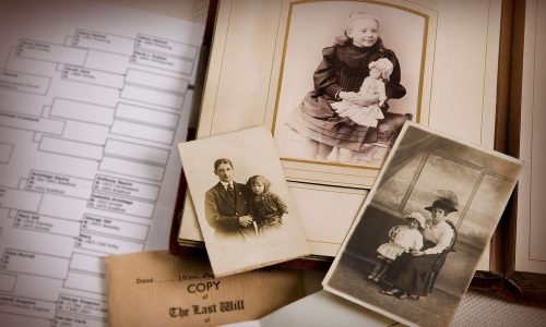 collage of old photos and genealogy chart