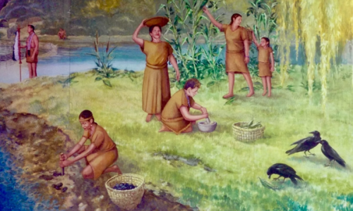 Native americans in grassy field near a river engaged in activities of gathering